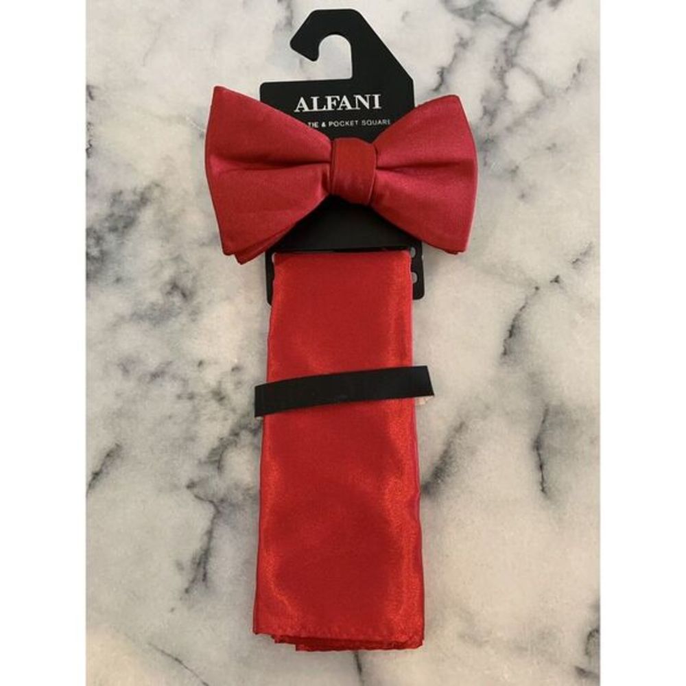 NWT Alfani Solid Red Adjustable Pretied Bowtie‎ Bow Tie Pocket Square MSRP $55